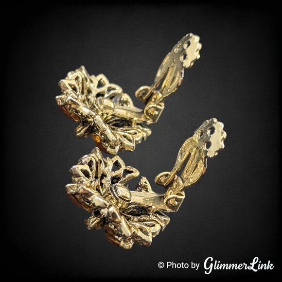 Vintage Floral Autumnal Orange Rhinestones Dome Gold Tone Clip On Earrings - Picture 5 of 9